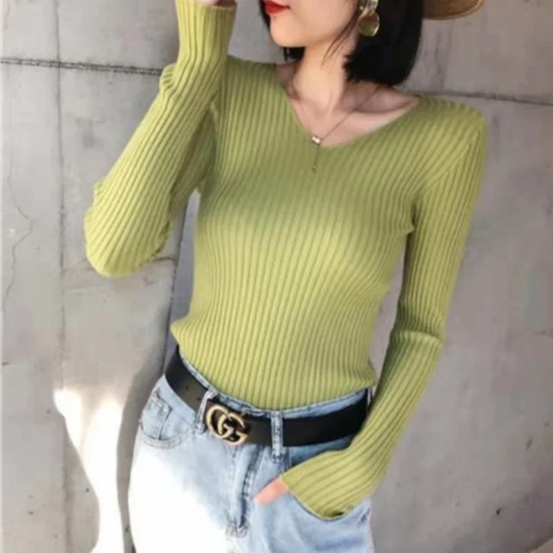 سترة نسائية محبوكة مضلعة بأكمام طويلة ورقبة على شكل حرف V للخريف والشتاء، بلوفر أساسي بلون سادة، ملابس تريكو أنيقة ودافئة