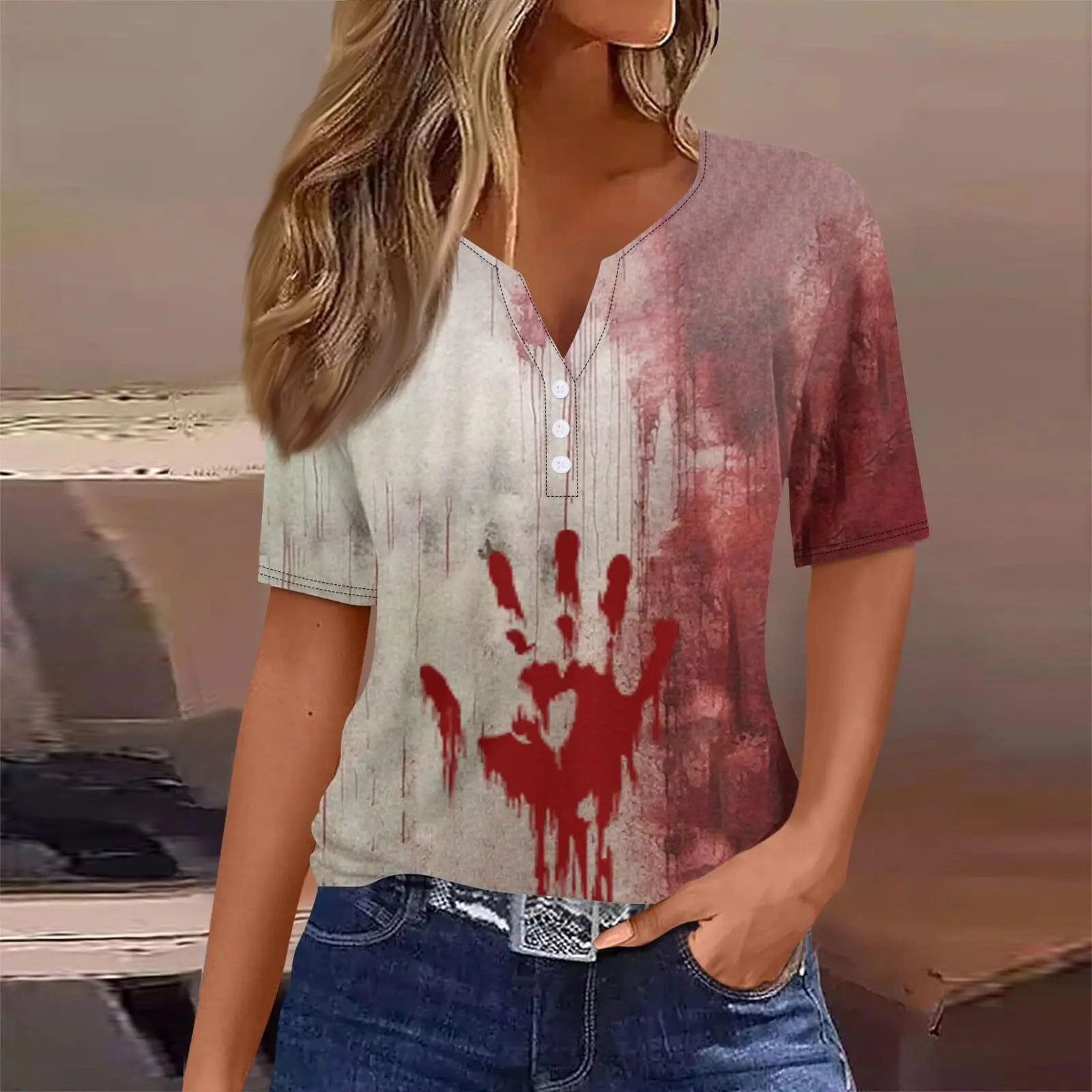 

Blood Clot Horror Pattern Fashionable Loose Summer Button Short Sleeved Design Sense Women's Top Halloween SeriesWG19