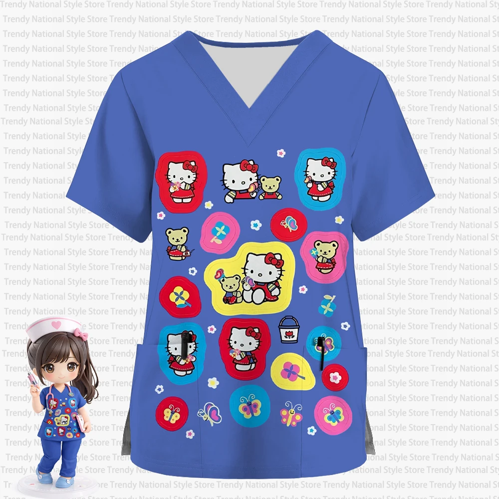 女性の 2026 新しいハローキティ漫画かわいいプリント V ネックポケットつや消しトップ医療看護師作業服美容院 T シャツ