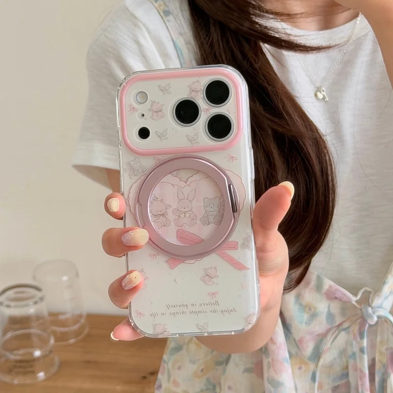 

Korean Cute Love Heart Rabbit Phone Case For iPhone 17 Pro 15 16 Pro Max Cover with Stand Fashion Cartoon Protective Cases Girls