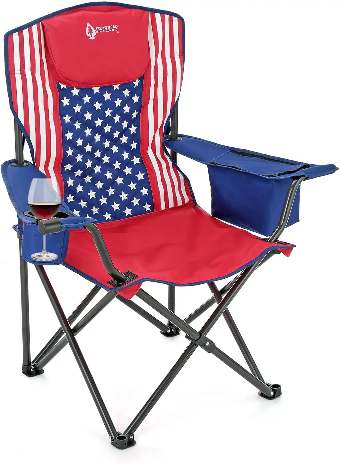 Portable Folding Camping Quad Chair w/ 6-Can Cooler, Cup & Wine Glass Holders, Heavy-Duty Carrying Bag, Padded Armrests,