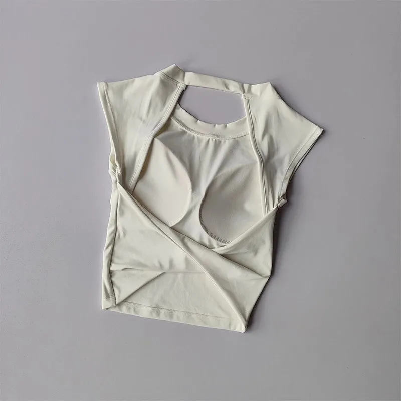 Sexy rückenfreie Yoga-Fitnessweste für Damen, kurzärmelig, festes Brustpolster, Sport-T-Shirt, kurzer Stil für Fitness und Yoga – Detail 11
