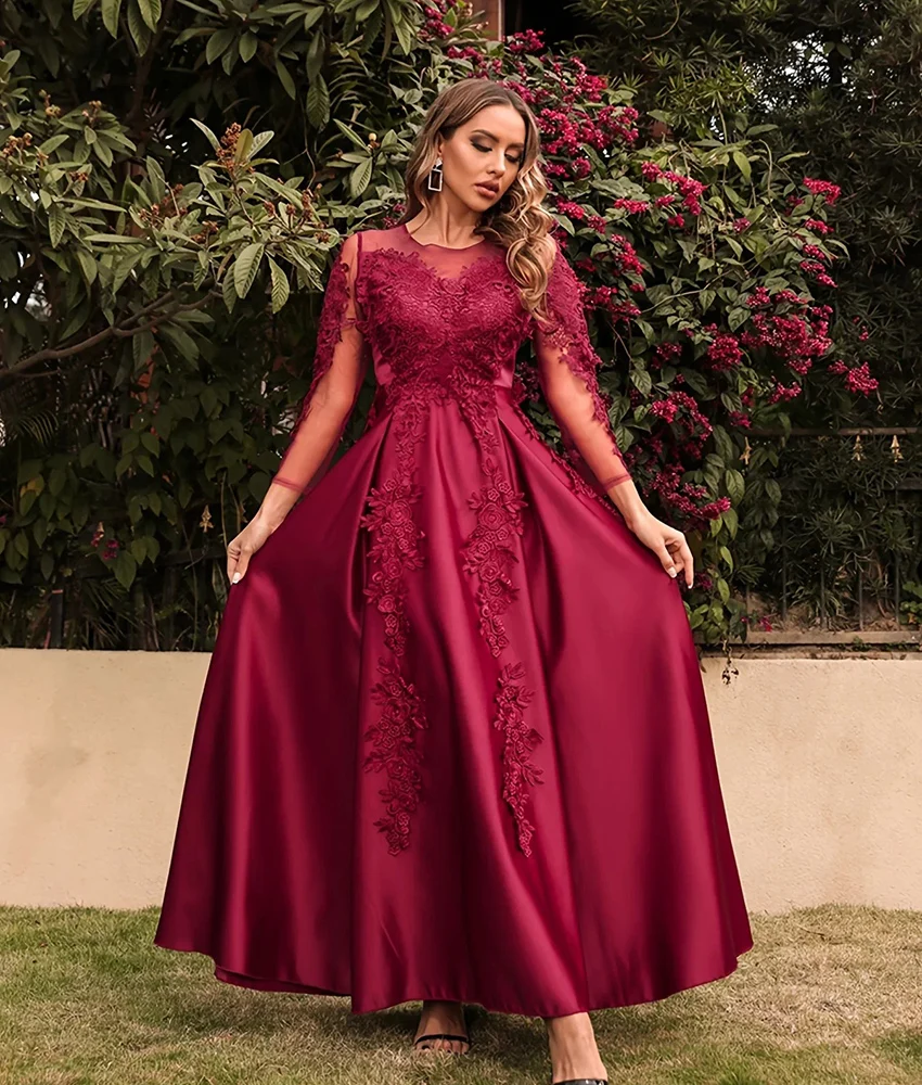 

Customized Graceful Satin A-Line Appliques Evening Dress High Quality O-neck 3/4 Sleeves Floor Length Bespoke Occasion Gowns