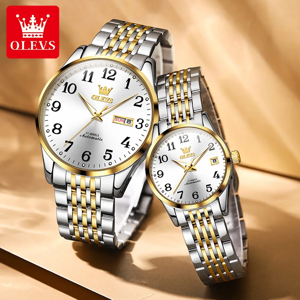 OLEVS-Montre-bracelet mécanique automatique de luxe pour hommes et femmes, montres de couple originales, calendrier à échelle numérique classique, marque supérieure