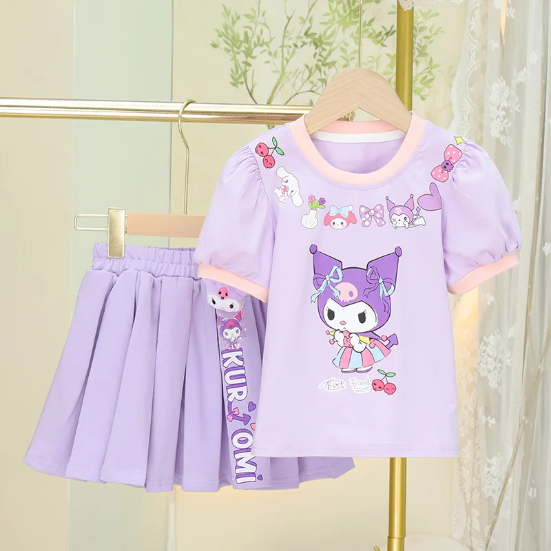 

Sanrio Kawaii аниме Kuromi Чистый хлопок универсальная хлопковая Футболка короткий юбка костюм для девочки мультфильм милый с коротким рукавом комплект из двух частей