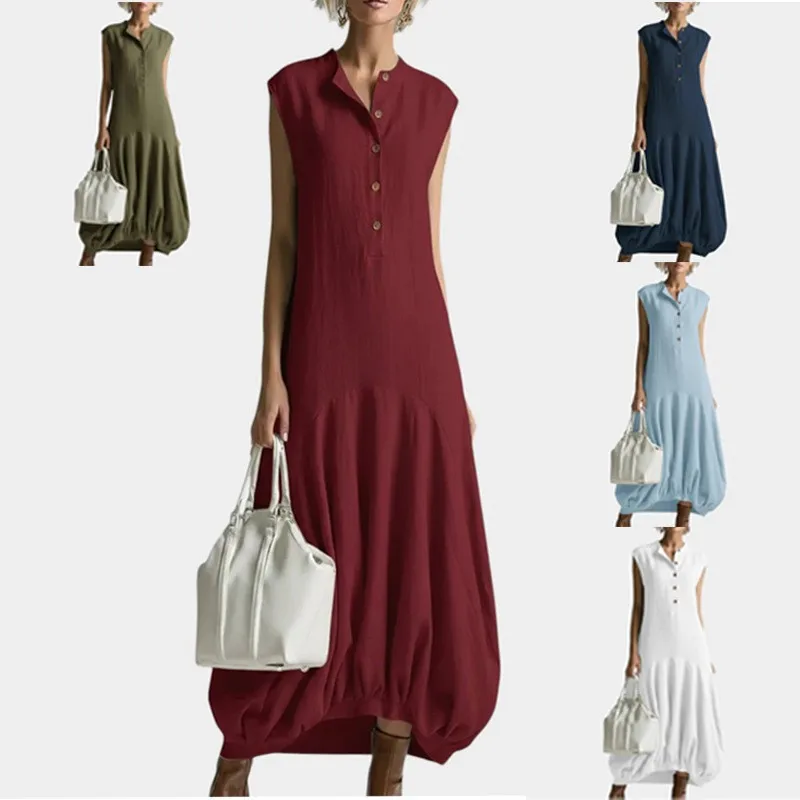 

Summer Women's Clothing Sleeveless Slimming Loose Fit Dress For Polyester Maxi Lantern Long Plain Solid Collar