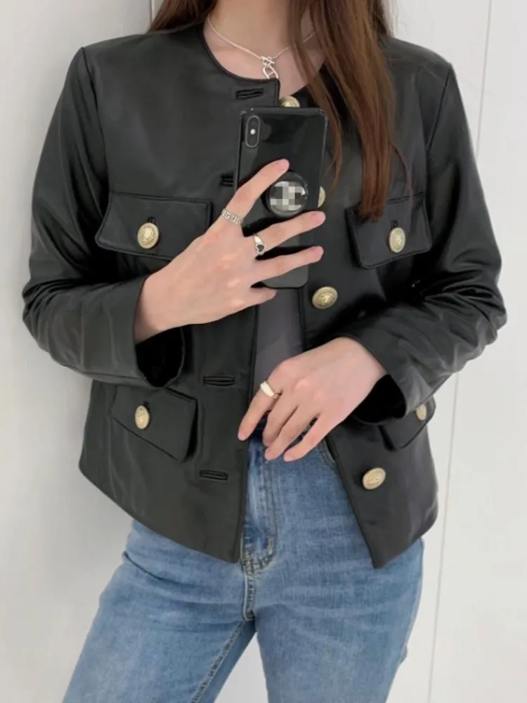 Autumn Women O Neck Vintage Golden Buttons Coat New Real Sheepskin Genuine Leather Jacket Slim Fit Office Ladies Cargo Jackets