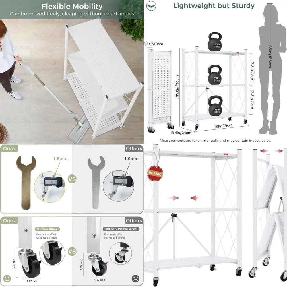 

Rolling 3-Tier Metal Wire Shelving Cart with Wheels, Freestanding Kitchen Storage Rack for Garage and Pantry (White)