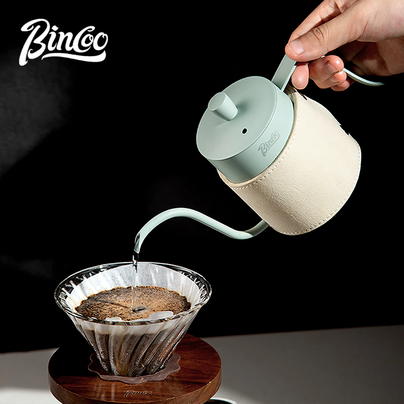 Bincoo - Cafetera de 350 ml para preparar café a mano, de acero inoxidable, con boquilla larga tipo cuello de ganso, boca estrecha, con asa, para espumar leche, utensilio de cocina