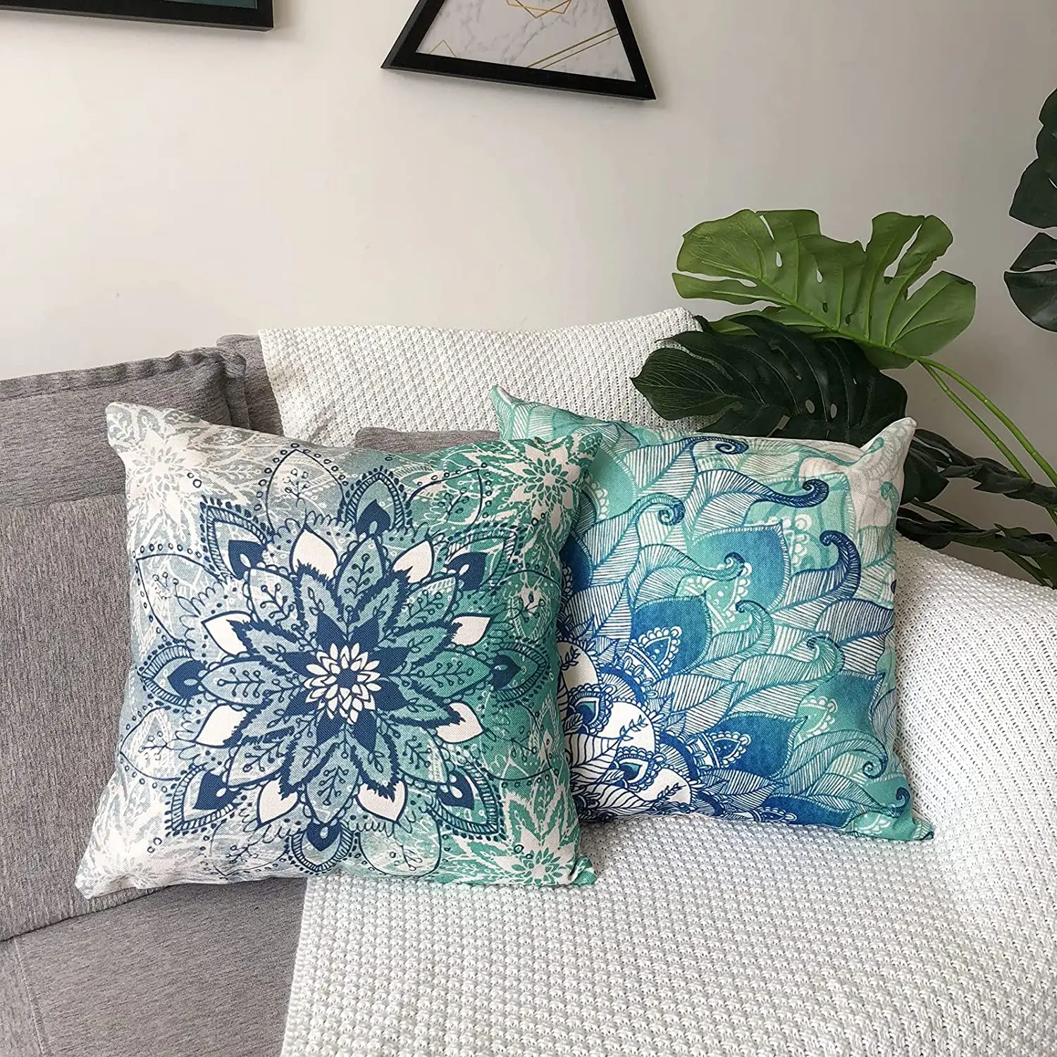 Blue Mandala Linen Cushion Cover for Car Living Room Sofa Bedroom Home Decor, 40x40 45x45 50x50 60x60 Pillowcase