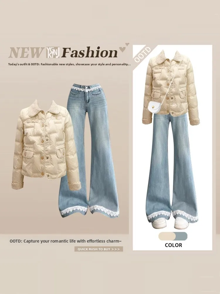 

Зимний теплый хлопковый комплект джинсов и джинсов. Женские модные молодежные расклешенные джинсы с кружевом, комплект из двух предметов, длинный комплект с высокой талией...