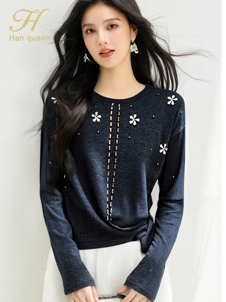 

H Han Queen Autumn Women Sweater Korean Simple Chic Jumpers Vintage Basic Knitted Tops Casual Loose Pullover Woman Clothing 2025