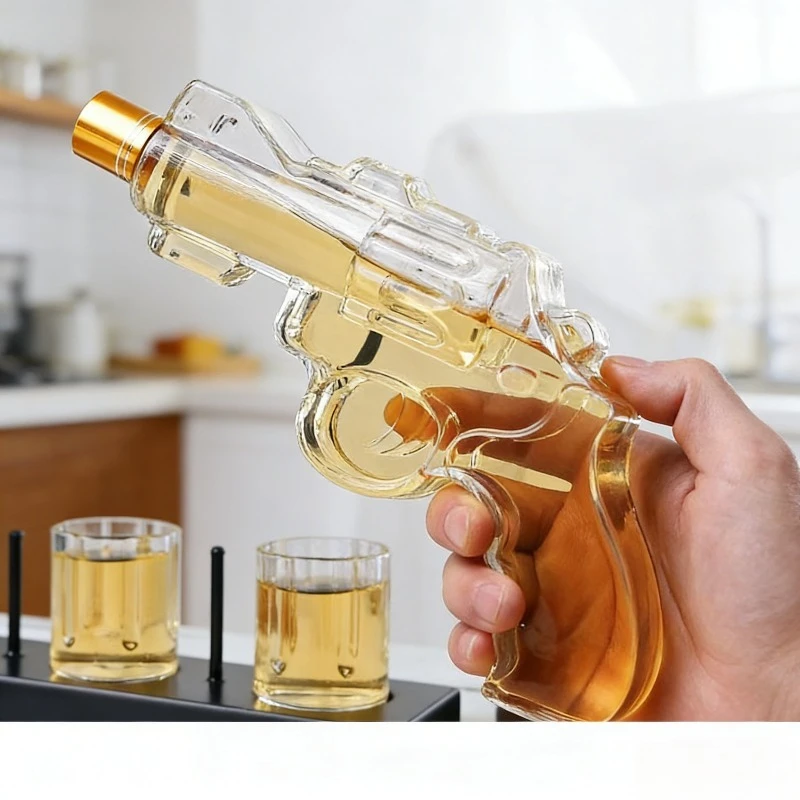Unique Pistol Shaped Glass Whiskey Decanter, Novelty Liquor Dispenser with 2 Tumbler Cups, Decorative Alcohol Bottle for Home