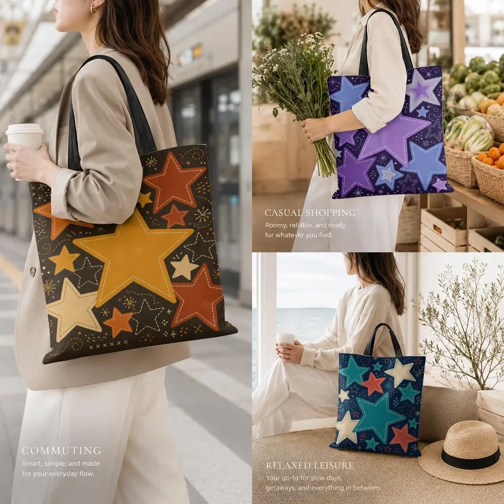 Primitive Stitched Star Storage Bags Canvas Tote Bag Large Capacity Reusable For Shopping Commute Grocery Shoulder Bag Gift