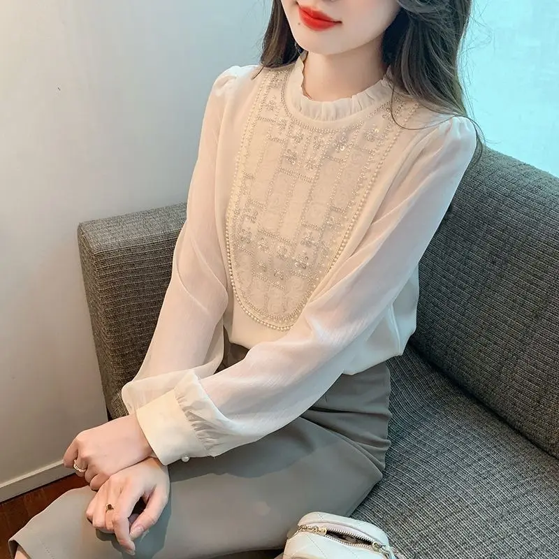 New Korean Style Solid Color Stand Up Collar with Black Fungus Edge Sequins Nail Bead Splicing Pullover Long Sleeved Chiffon