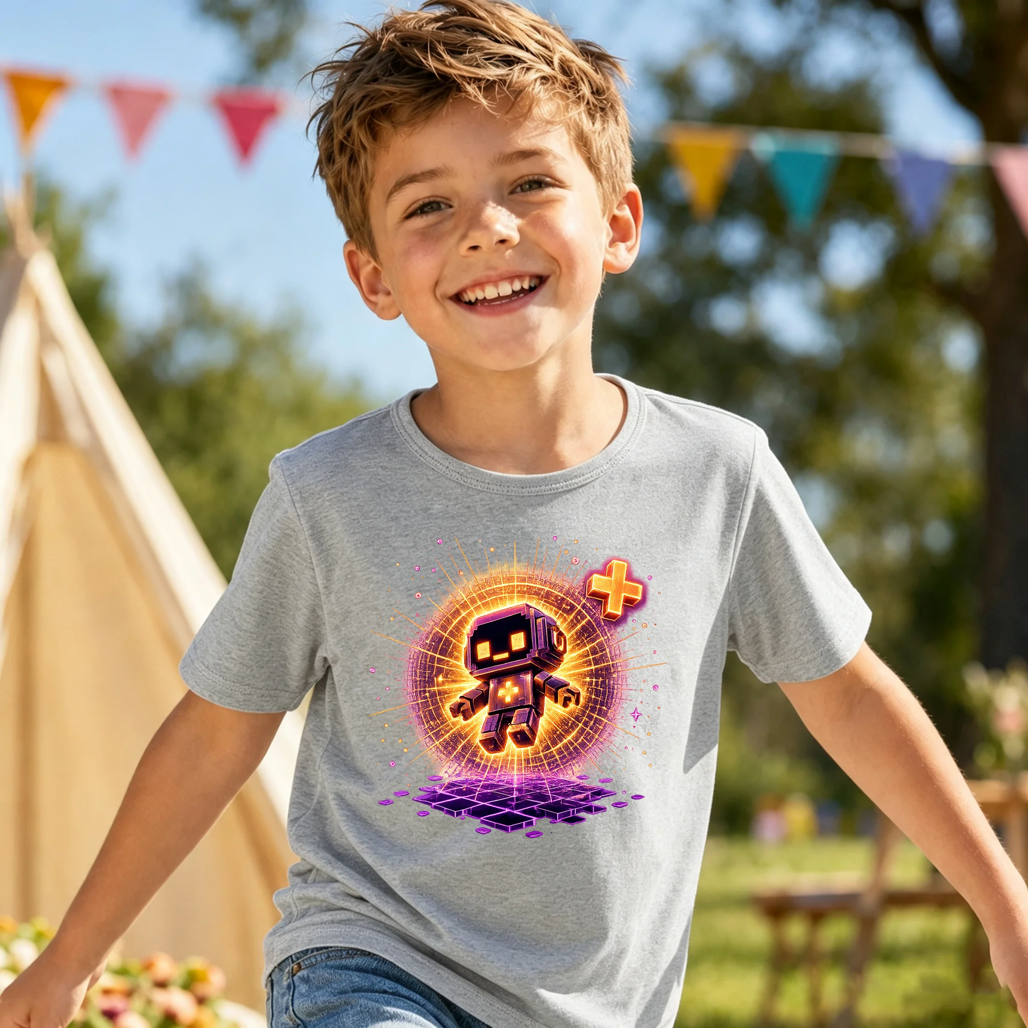 Boys Neon Pixel Robot Print T-shirt Summer Soft Cotton Short Sleeve Kids Game Graphic Casual Crew Neck Tops