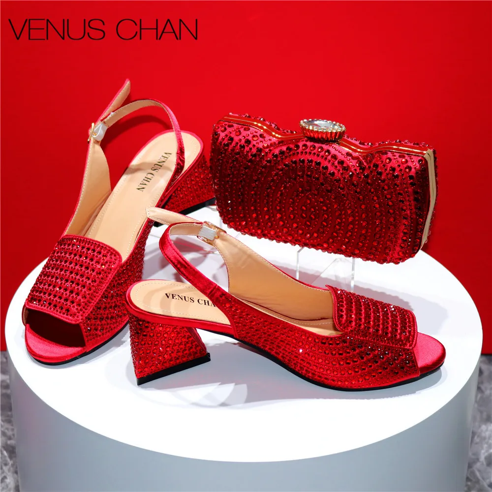 

Sandals Woman Summer 2024 New Arrival Shoes Matching Bag Set in Red Color Decorated with Crystal For Ladies Wedding Party