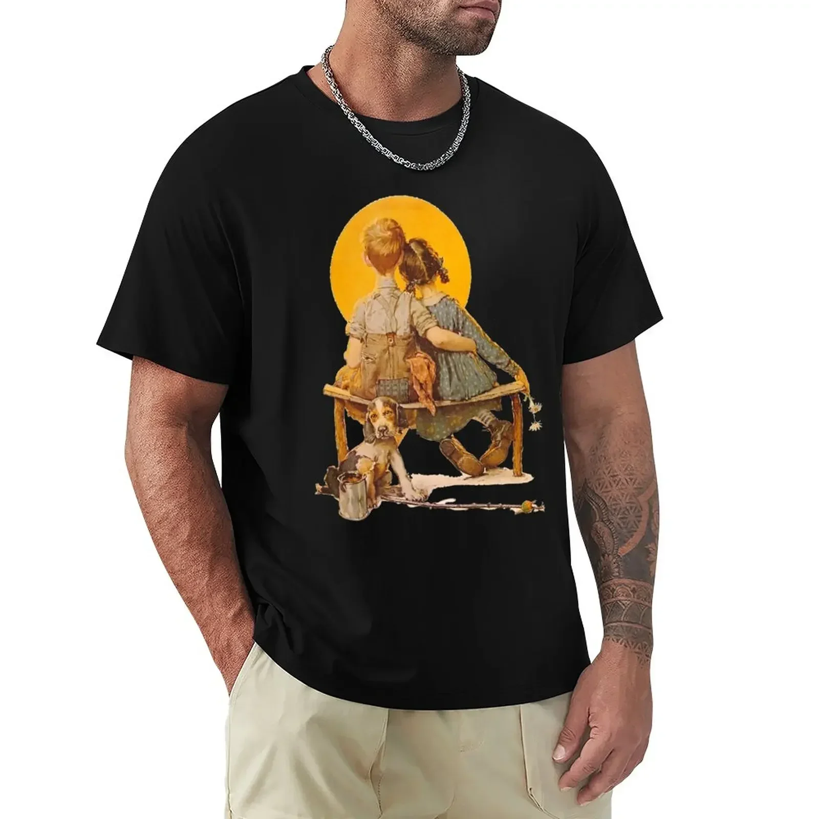 Menino e menina olhando na lua, por Norman Rockwell Camiseta anime gráficos roupas fofas camisetas gráficas masculinas