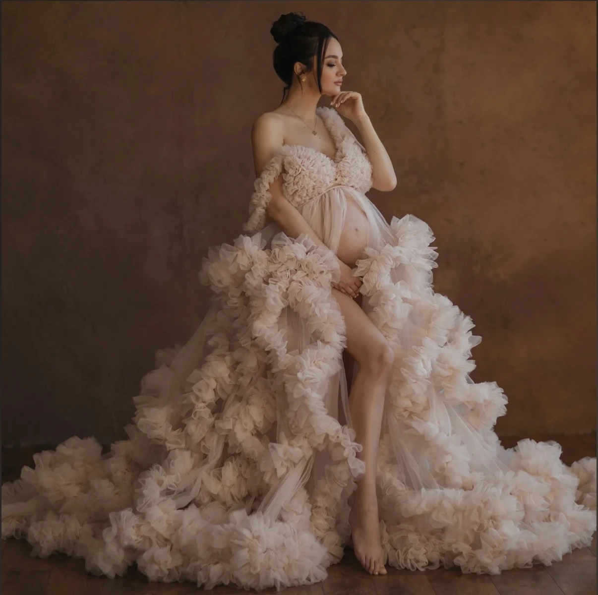 Sukienki ciążowe do sesji zdjęciowej Ruffles tiulowe suknie do zdjęć w ciąży Baby Shower Off ramię rozcięcie z przodu ślubna bielizna nocna szata