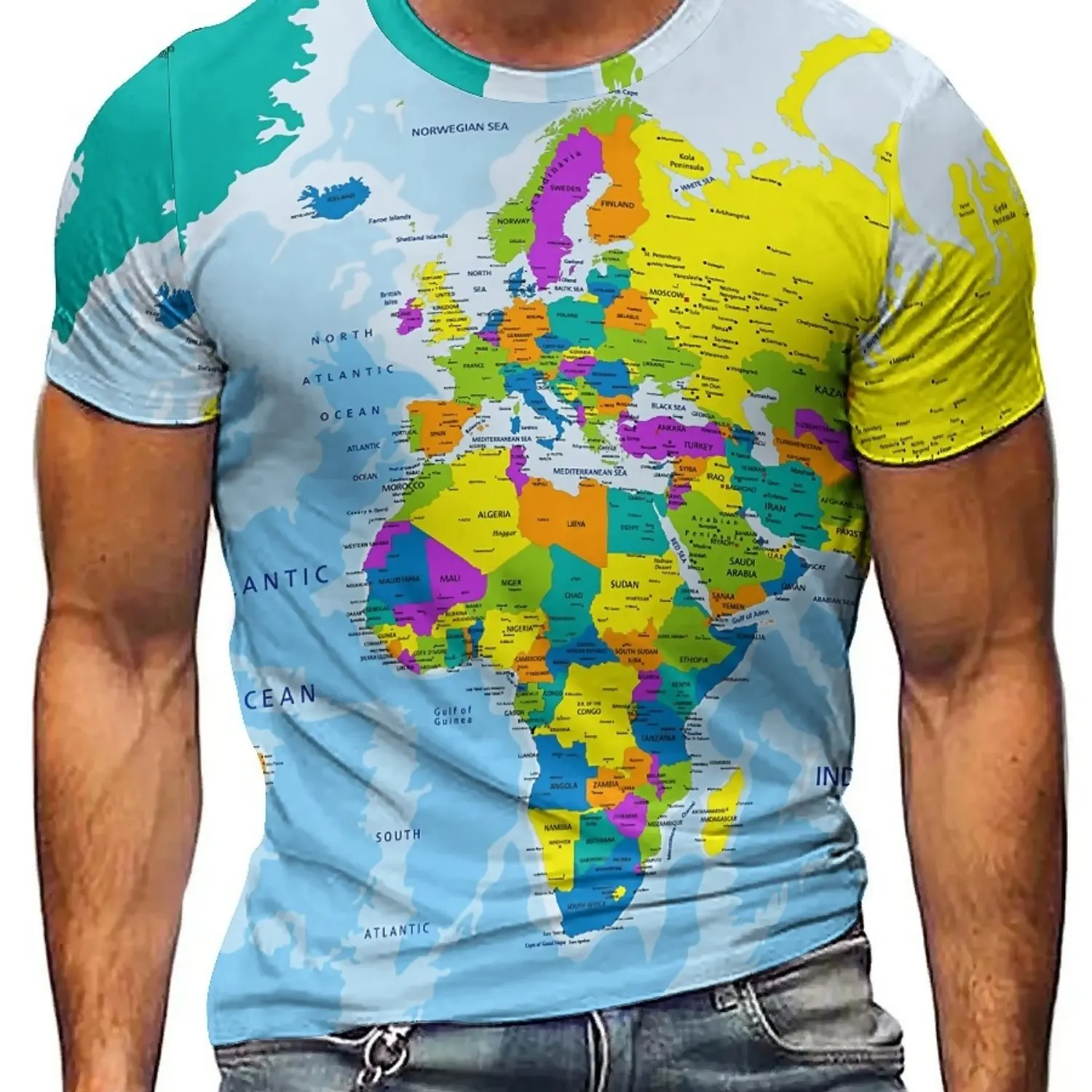 Men'S Vintage Map 3D Print T-Shirt - Soft Polyester, Crew Neck, Short Sleeve, Machine Washable, Bright Colors, Realistic Design