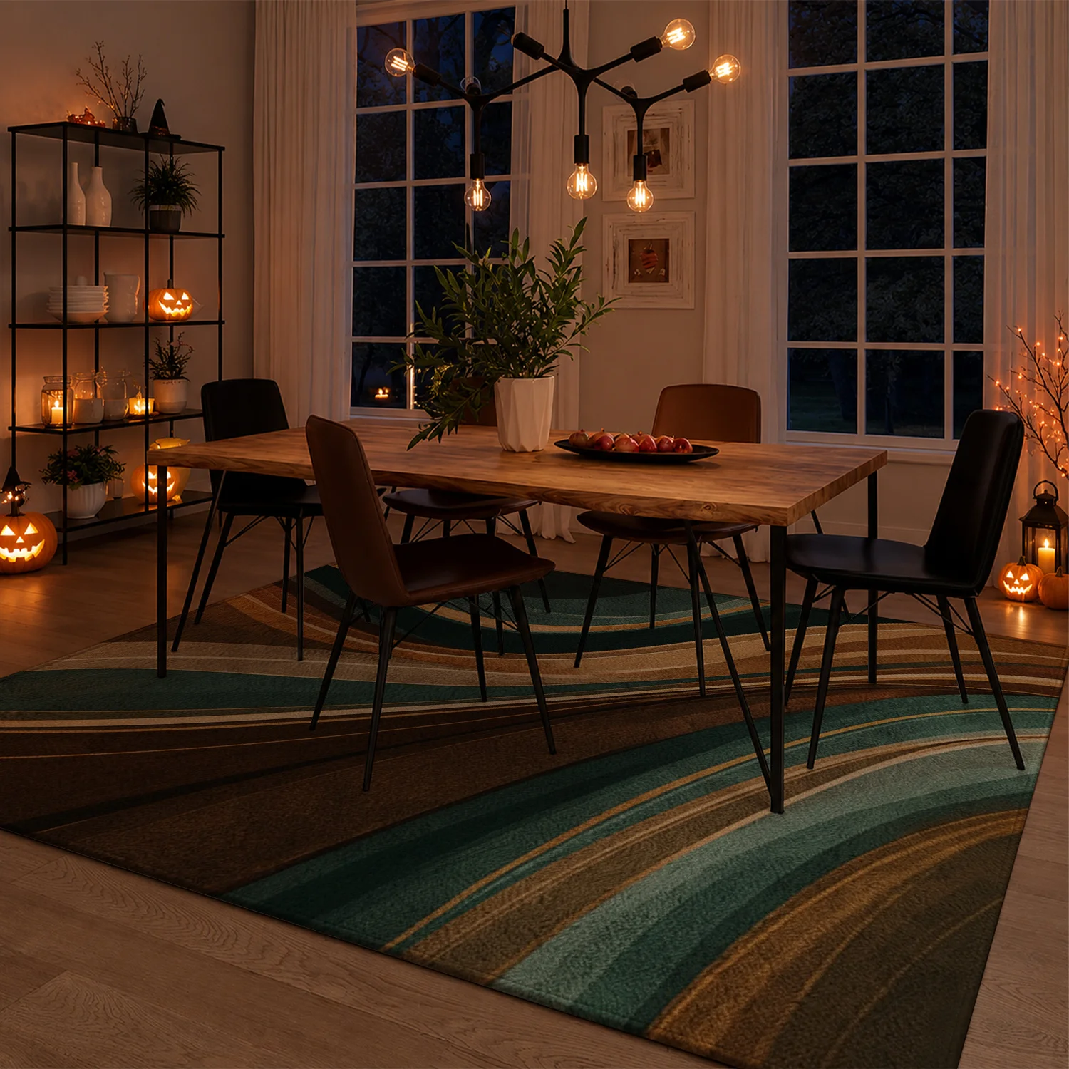 Large Indoor Area Rug, Soft Velvet Low Pile Non-Slip Machine Washable, Abstract Teal Brown Gold Wavy Pattern Floor Rug for Living Room Bedroom, Modern Decorative Indoor Home Rug