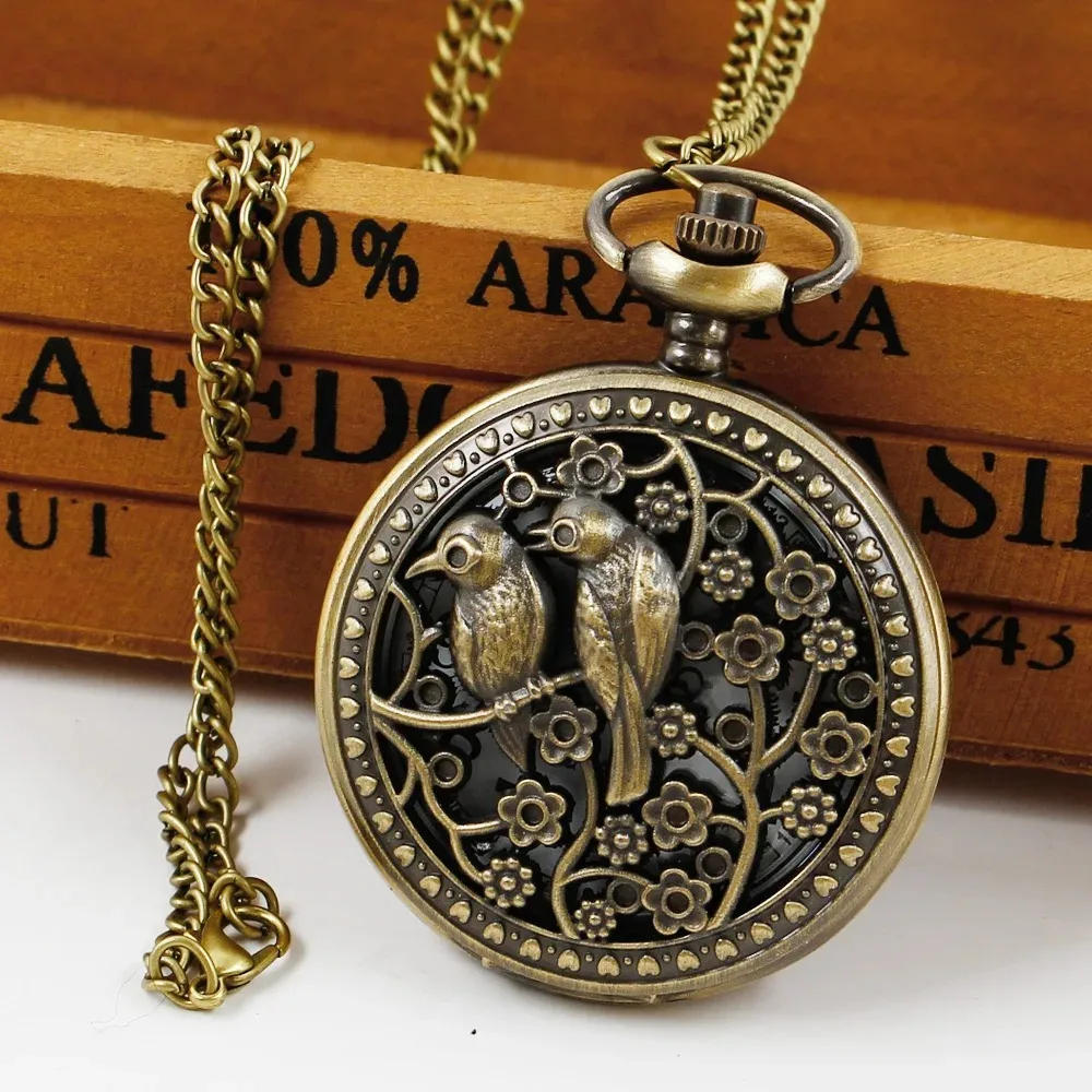 鳥の3D彫刻模様ブロンズ中空チェーンウォッチヴィンテージデジタルスチームパンク懐中時計メンズ時計、フォブチェーン付きギフト