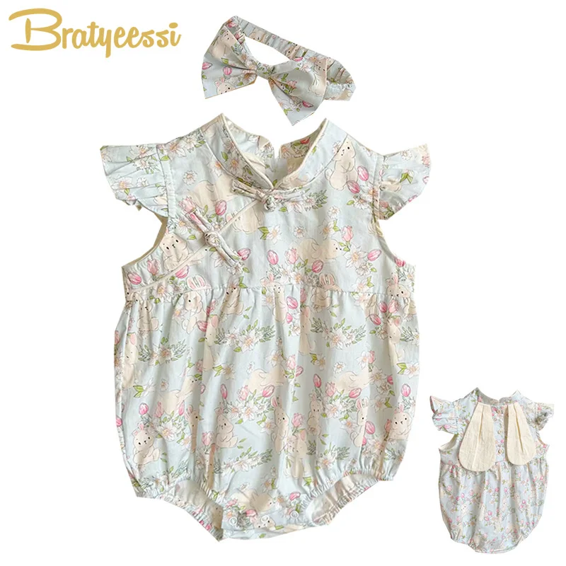 

2Pcs Bunny Baby Girl Romper Headband Chinese Cheongsam Baby Summer Clothes Toddler Outfit Suit Infant Clothing Newborn Jumpsuits