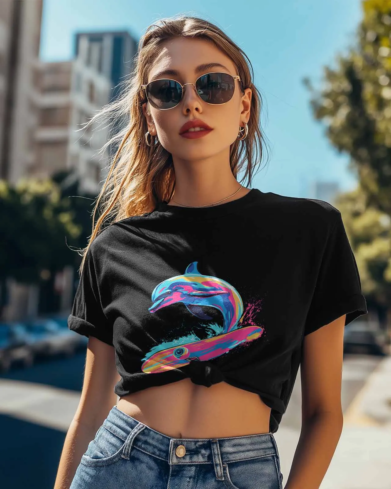 Animal Dolphin Surfing T-Shirt Lover Gift Sweatshirt Fitness T-shirt Short Sleeve O-neck Clothing Tops