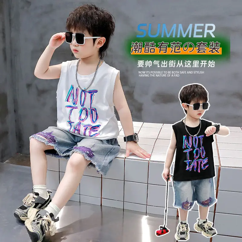 

Summer Fashion Baby Short Sleeve Boys Letter Top Tshirt+Hole Jean Shorts 2pcs Children Set Casual Sportswear Streetwear Handsome
