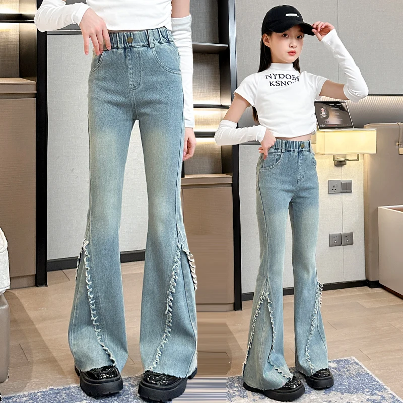 

Cool Child Fashion Street Flare Jeans with Fringe For Girls Vintage Blue Boot Cut Denim Trousers Teenage Kids Casual Jeans Pants