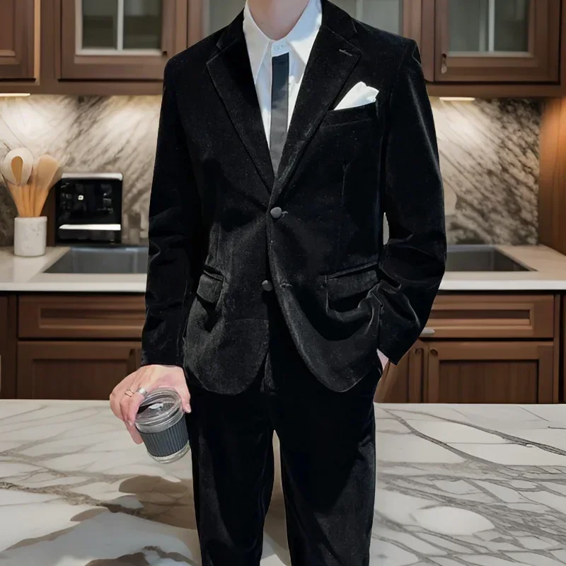 

Velvet Business Suits For Men 2 Pcs Wedding Groom Tuxedo Black Office Party Prom Male Fashion Blazer With Pants Costume