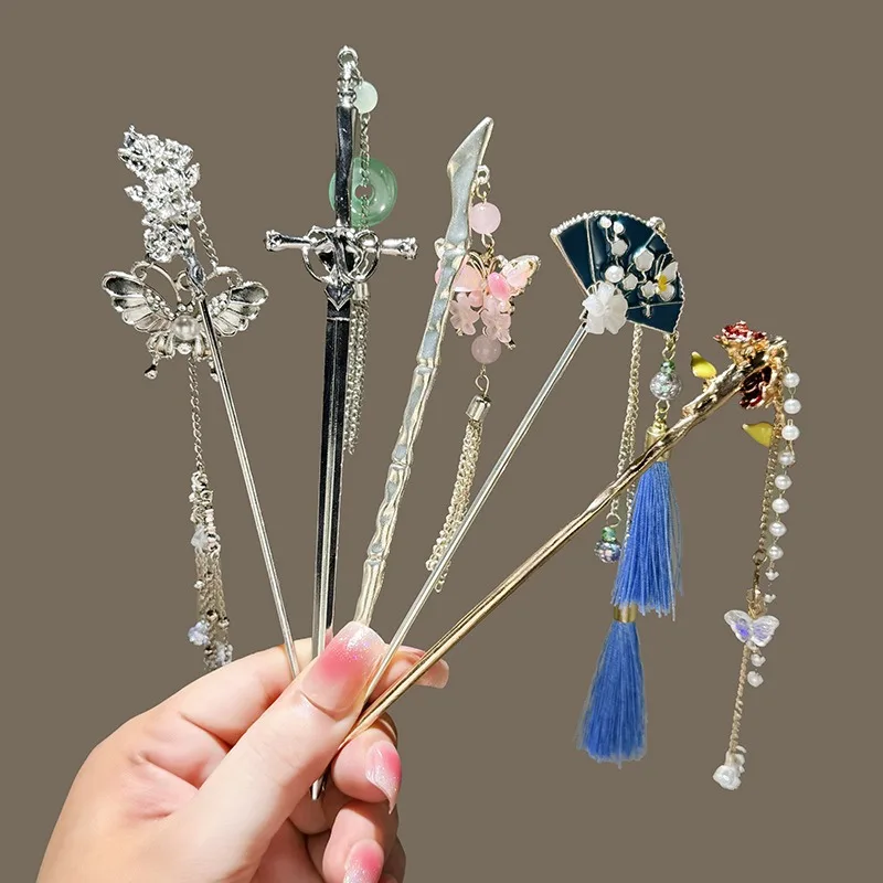 Elegant Chinese Style Sword Hair Fork Tassel Hair Stick Buns Design Hairstyle Hair Accessories Women Jewelry Hairpin Hairneedle