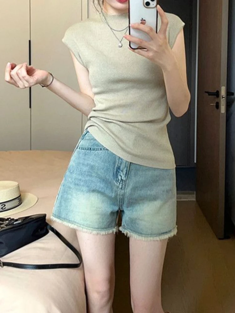 Pantalones cortos vaqueros Vintage para mujer, moda rasgada, cintura alta, novedad de verano, ropa de calle femenina recta, estilo coreano, elegante, lavada Ins