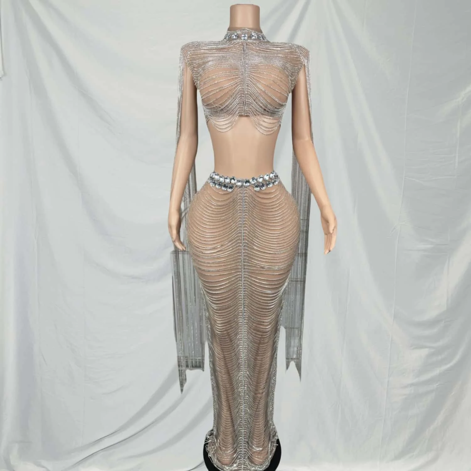 Bowen Sparkly Diamonds Tassel Top Long Skirt Sets Luxury Women 2-Pieces Party Outfit Celebrity Nightclub Stage Performance Wear