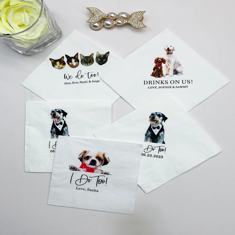 Full Color Personalized Pet Wedding Cocktail Napkins, Custom Wedding Napkins, Dog Cocktail Napkins Wedding, Couple Monogram Wedd