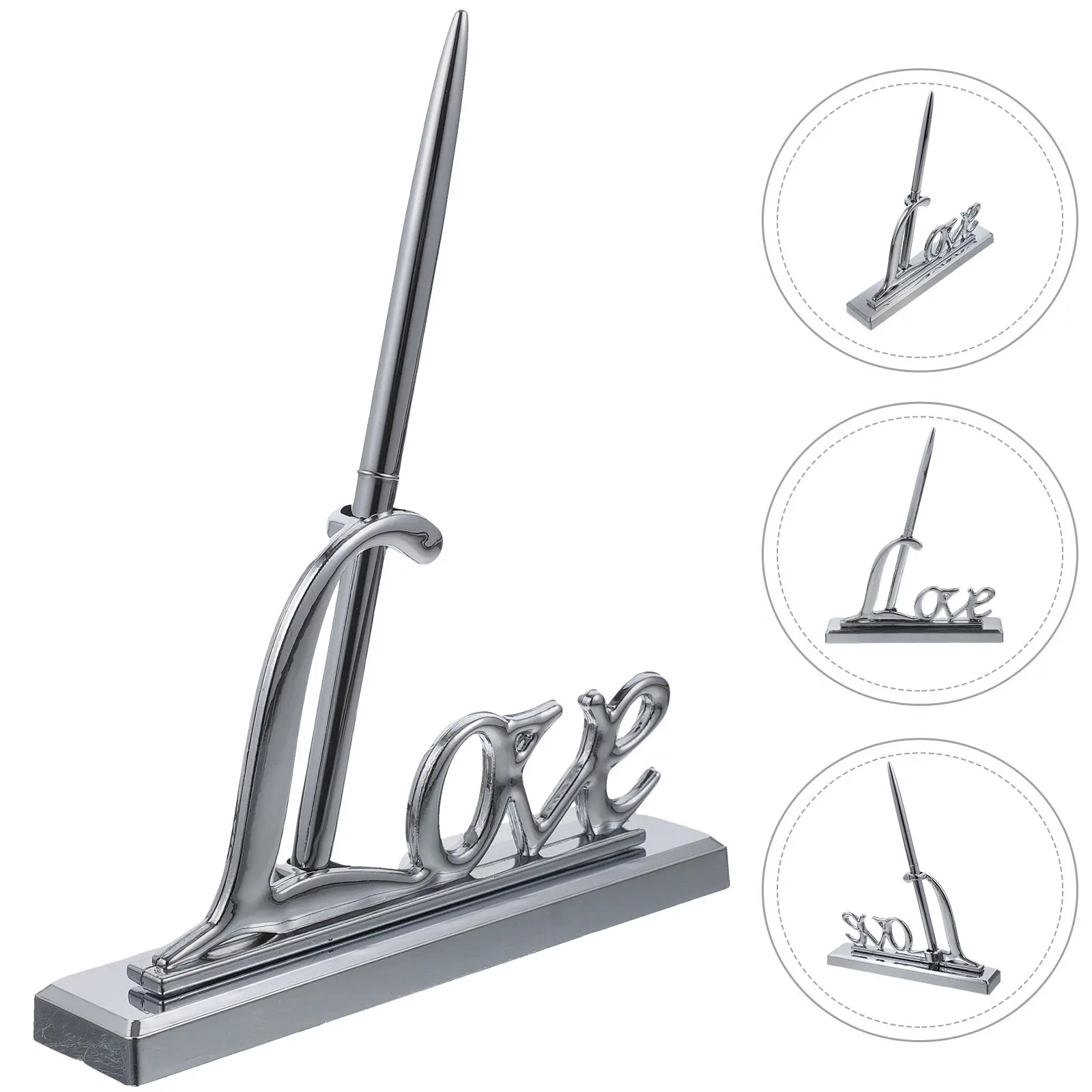 Ensemble élégant de stylos de signature de mariage plaqués argent avec support gravé « Love », accessoire pour livre d'or de cérémonie et réception