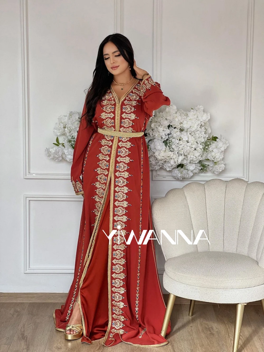 Gaun malam applique kristal berkilau gaun koktail panjang A-line sifon ikat pinggang Muslim gaun Prom Kaftan Maroko mewah