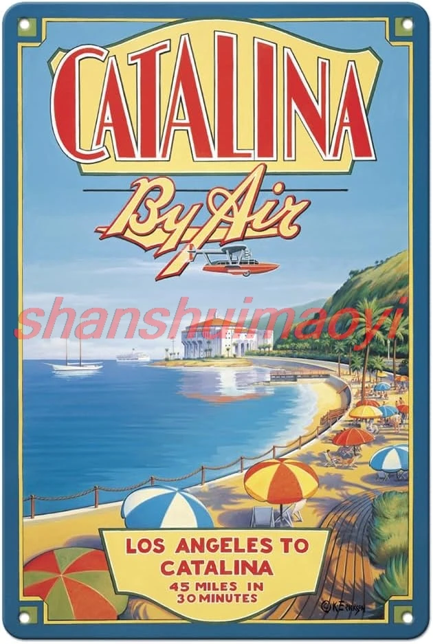 Pacifica Island Art Catalina By Air - Los Angeles to Catalina - Vintage Airline Travel Poster by Kerne Erickson - 8 x 12 in SHAN