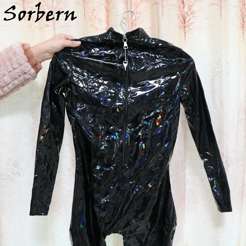 Sorbern Black Holo BodySuit Boots Unisex Crotch Thigh High Custom Size High Heels Womens High Neck Long Sleeve Sexy Back Zip