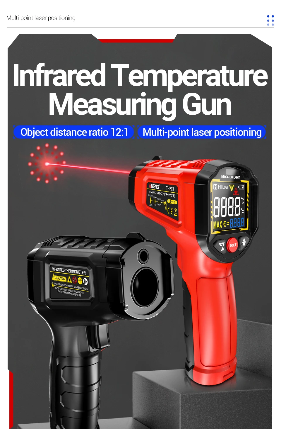 ANENG TH203 Smart Industrial Infrared Thermometer -50~600℃ Temperature Gun VA Reverse Color Screen Tester Meter Pyrometer Tools