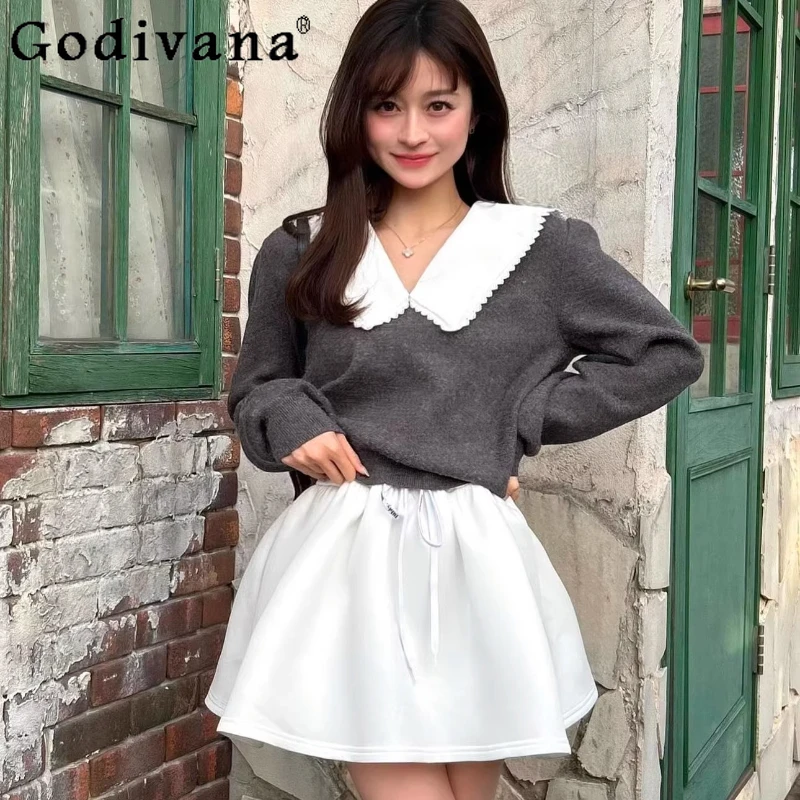 

Весенний женский укороченный свитер в японском стиле с вышивкой, серый, свободный, повседневный, универсальный, вязаный топ-пуловер