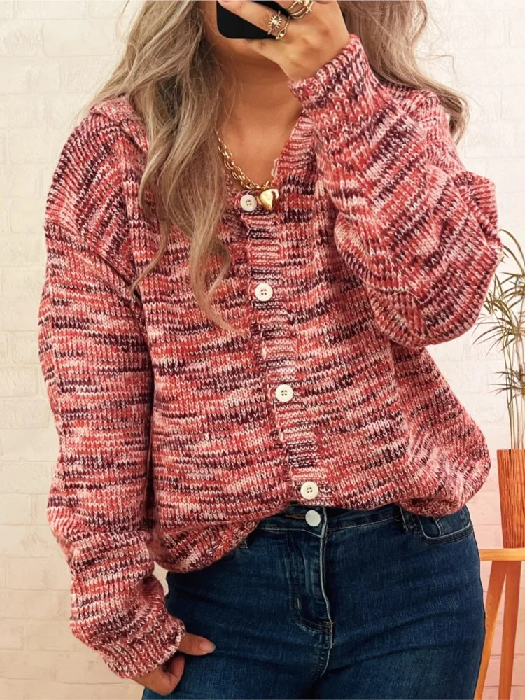 

New Hooded Contrast Striped Knitted Cardigan Autumn And Winter Casual Loose Button Versatile Women's Long-sleeved Sweater Jacket