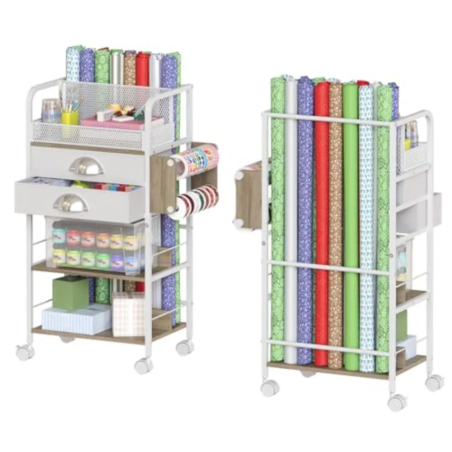 

Rolling Craft Storage Cart with 2 Small Fabric Drawers and Lockable Wheels DIY Organizer for Wrapping Paper Paints Brushes Craf