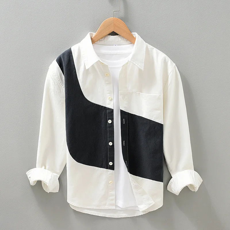 Men's Long Sleeve Shirt Spring New Style Retro Design Pure Cotton Casual Workwear Patchwork Color Block American Style Loose Fit