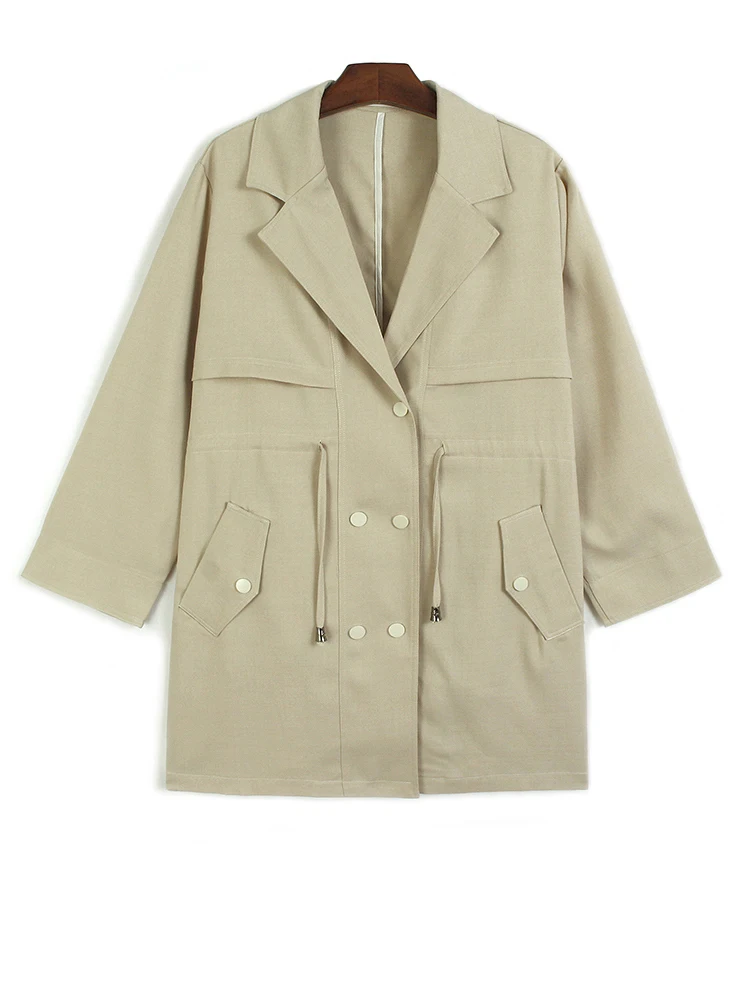 Green Drawstring Pocket Big Size Casual Jacket New Lapel Long Sleeve Women Coat Fashion Tide Spring Autumn