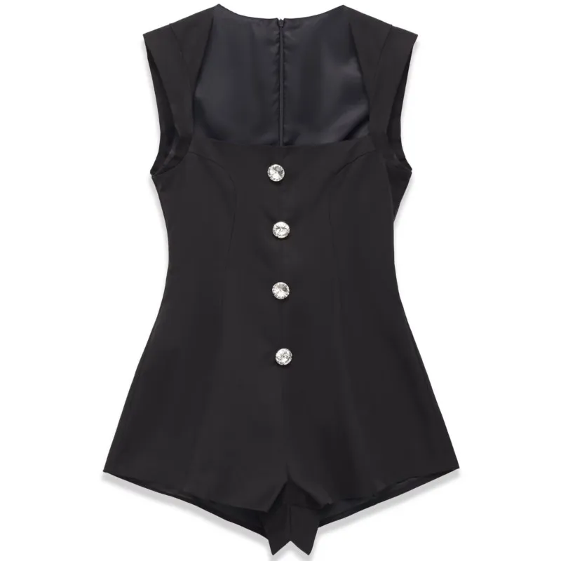 

Spring Autumn Women Short Playsuit Rhinestone Buttons Back Zipper Elegant Women's Folds Midi Dress Female Chic Dresse
