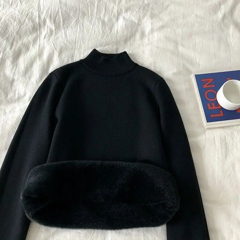 Half High Neck and Mid Neck Knitted Sweater as a Base Top with Thick Velvet and Long Sleeved Sweater for Warmth Inner Layer