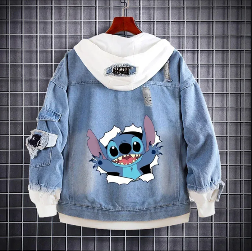 Lilo Stitch Denim Jacket Boys Cartoon Hooded Sweatshirt Mens Hip Hop Harajuku Streetwear Adult Children Casual Jean Coat