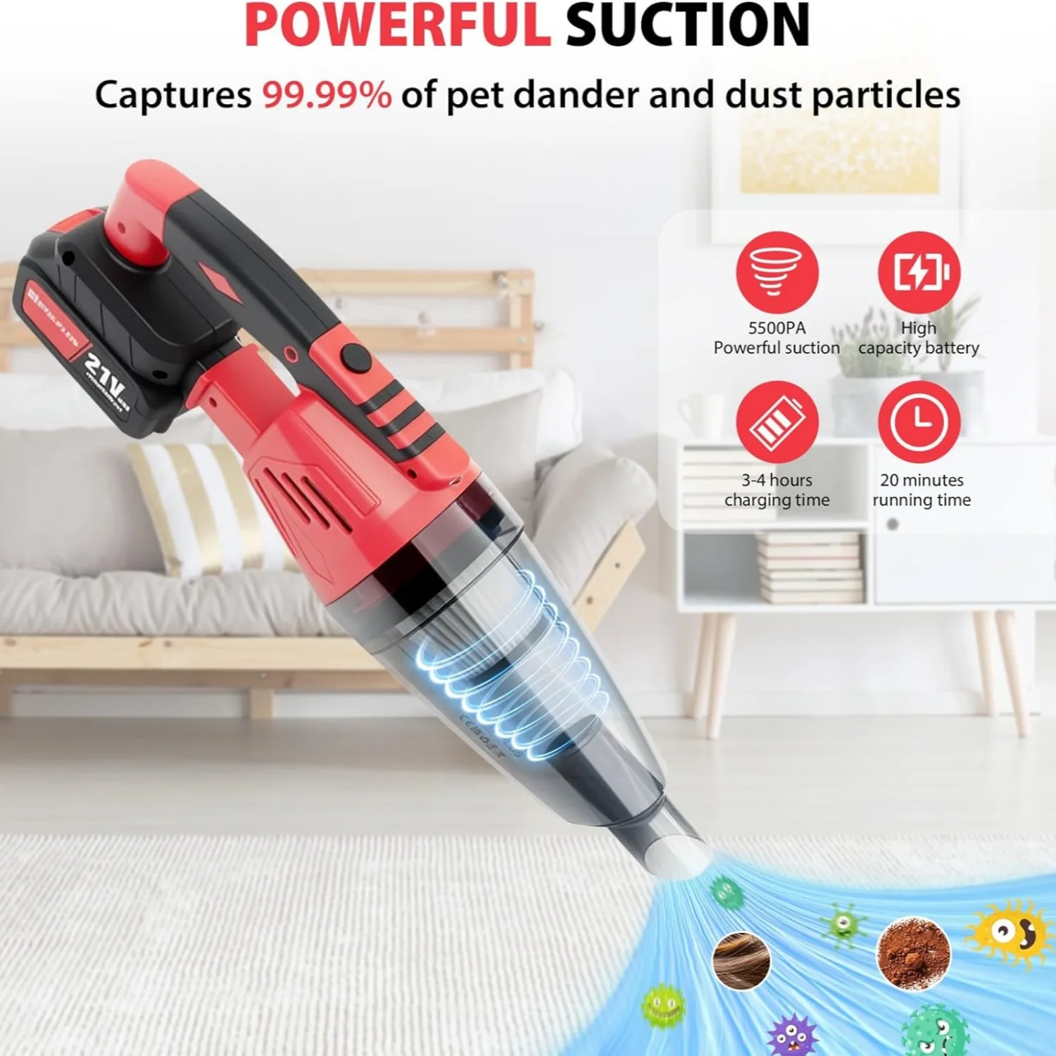 BRIEFNESS Car Hoover Cordless handheld hoover with led light rechargeable hoover with 5500Pa high suction power