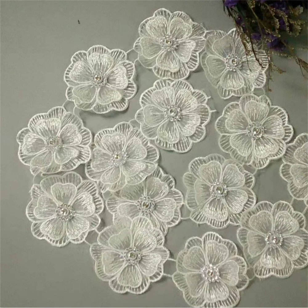 10X Perla bianca con perline Fiore Foglia Ricamato Lace Trim Nastro Applique Fatto a mano Abiti fai da te Abito da sposa Cucito artigianale Hot